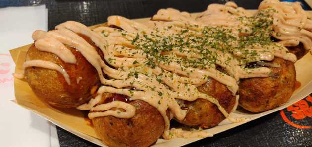 Takoyaki with cheese and mentai sauce on top